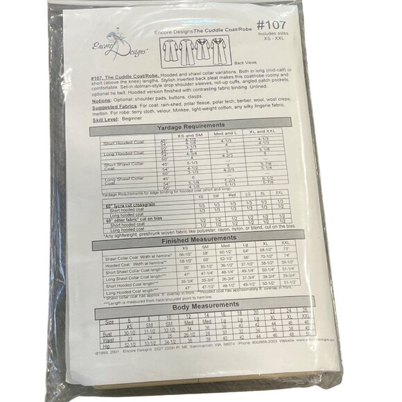 Encore Designs Cuddle Coat Robe Pattern #107 XS-XXL Sewing Pattern Uncut - Picture 2 of 2